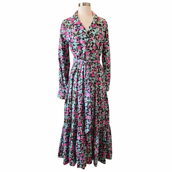 ROLLER RABBIT Shirt Maxi Dress Floral Blue Long Sleeve Cotton Button Down Medium - Picture 9 of 10